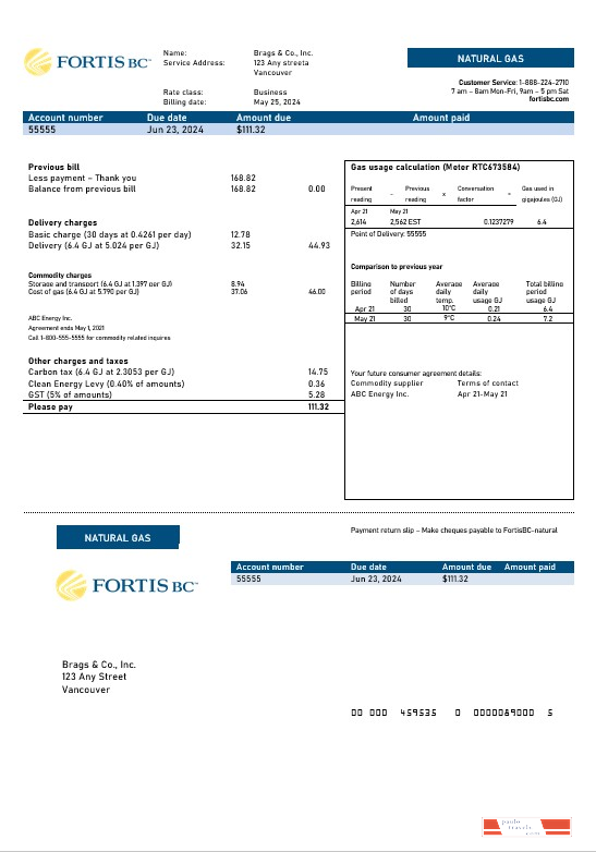 Canada British Columbia FortisBC business utility bill template (2) PSD template